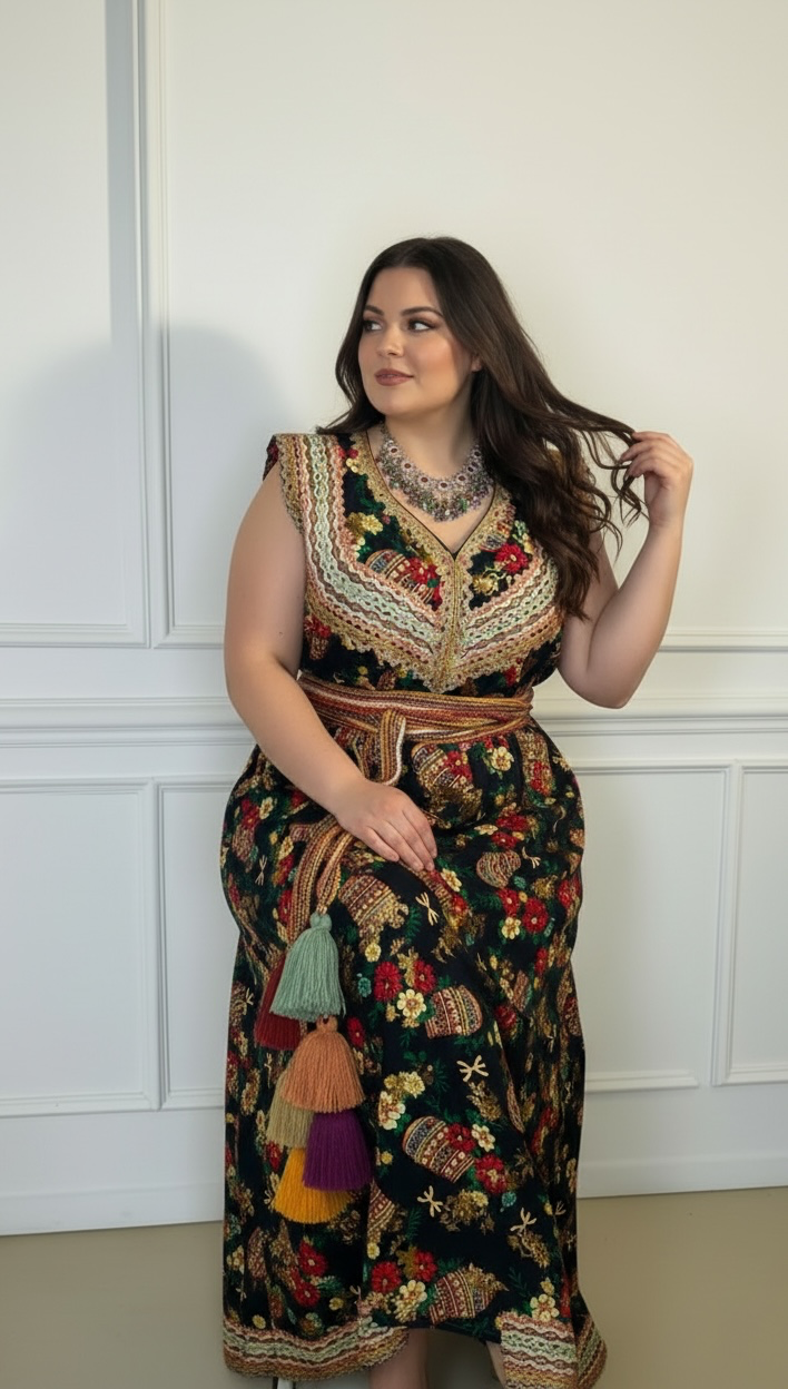 Robe d’été noire à motifs berbères – Galons dorés | grande taille