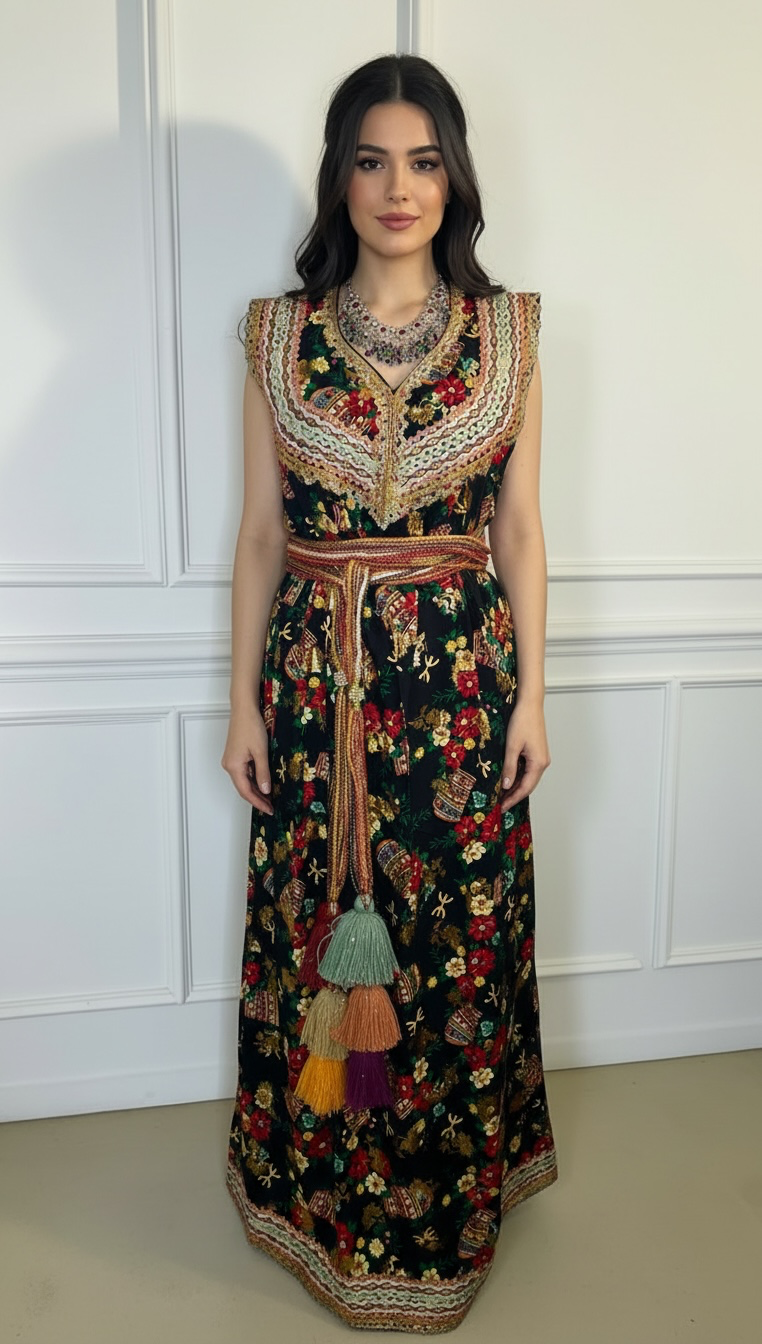 Robe d’été noire à motifs berbères – Galons dorés | Taille unique 38-44