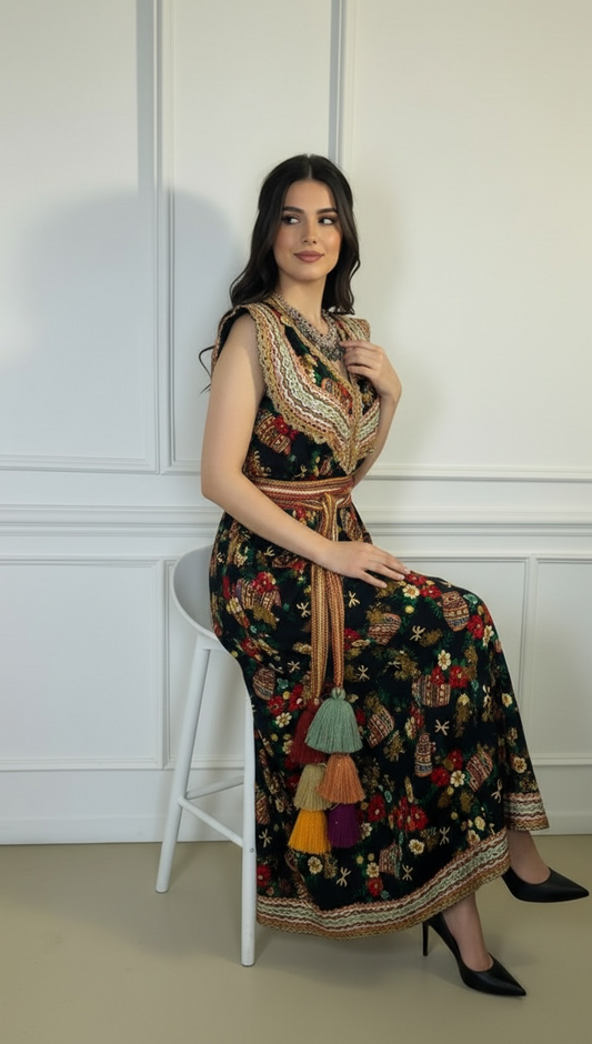 Robe d’été noire à motifs berbères – Galons dorés | Taille unique 38-44