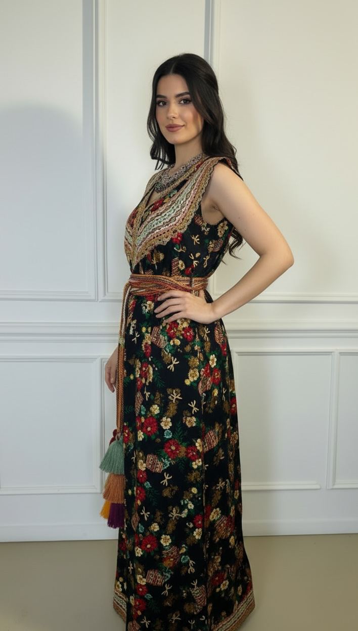 Robe d’été noire à motifs berbères – Galons dorés | Taille unique 38-44