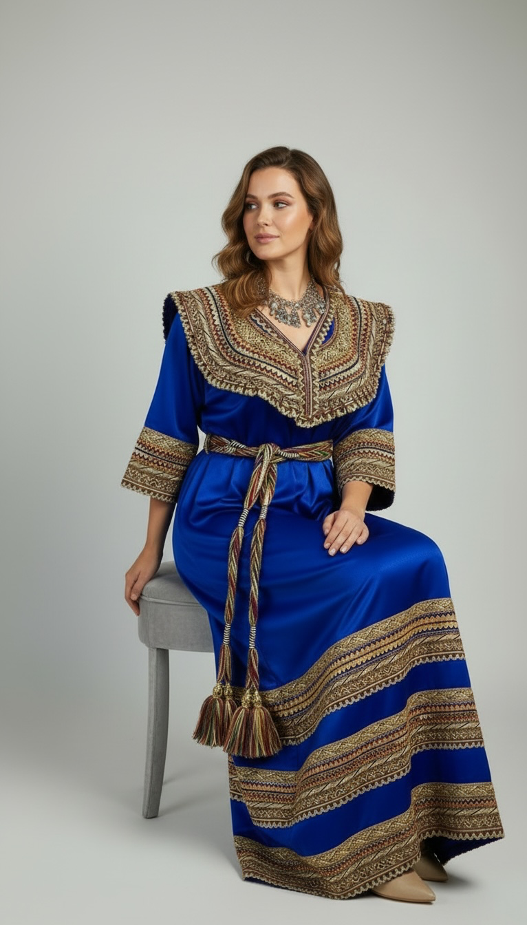 Robe kabyle bleu pour fete et ceremonie grande taille 48/48 large et manches longues 