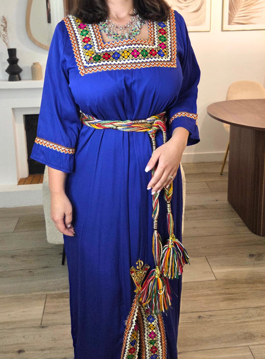 Robe kabyle bleue manches longue col carré 