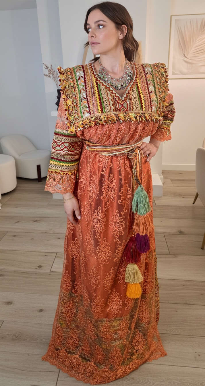 Robe kabyle fête couleur brique dentelle 